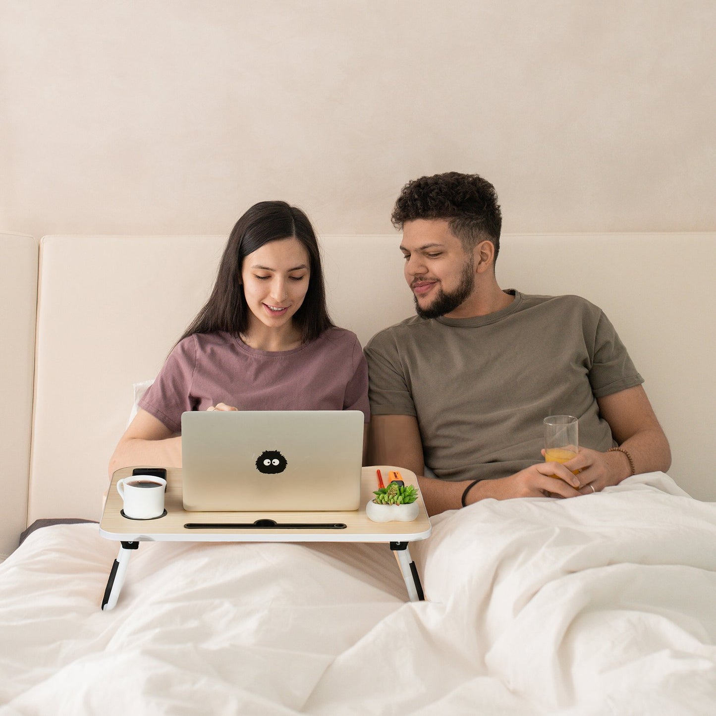 Lap Desk with Wood Effect, Foldable Bed Tray with Holders