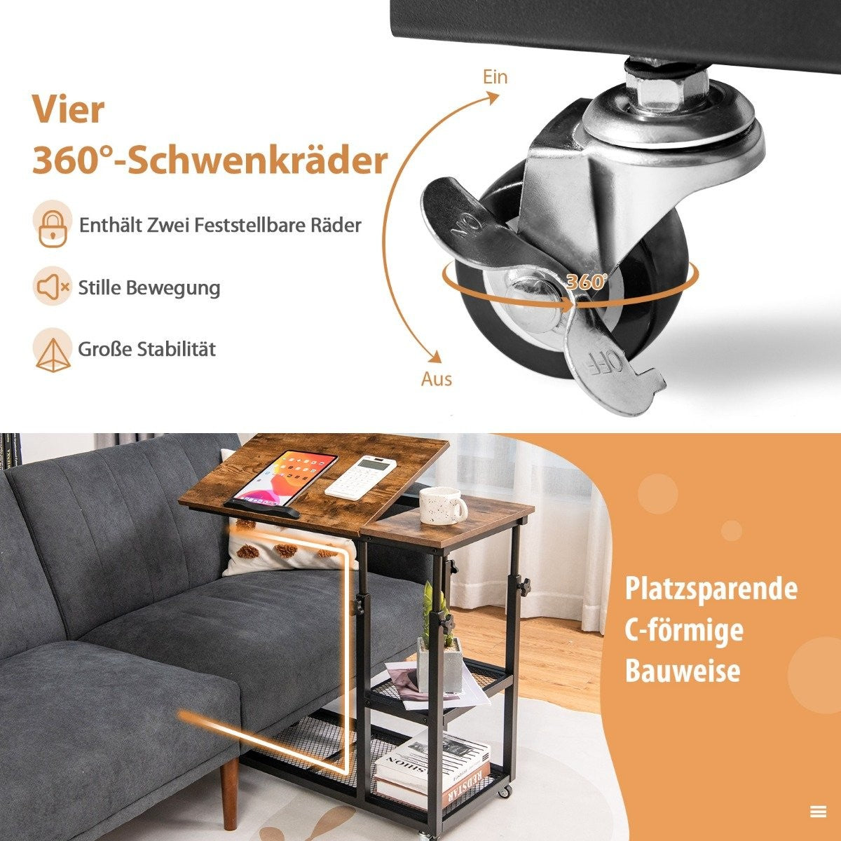 Laptop table with height and tilt adjustable 3 levels side table vintage