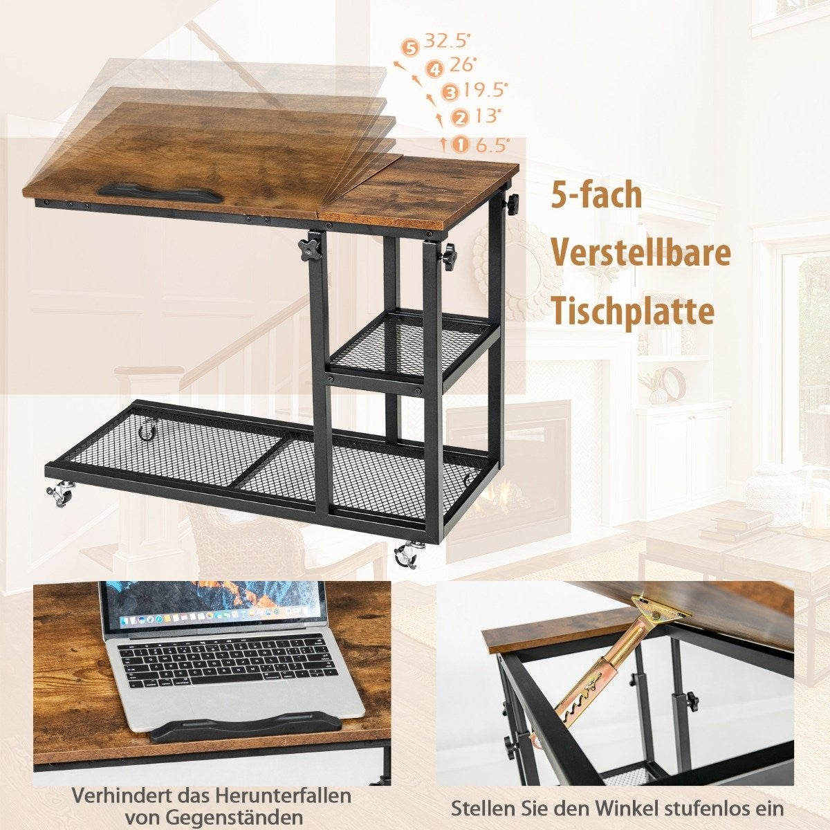 Laptop table with height and tilt adjustable 3 levels side table vintage