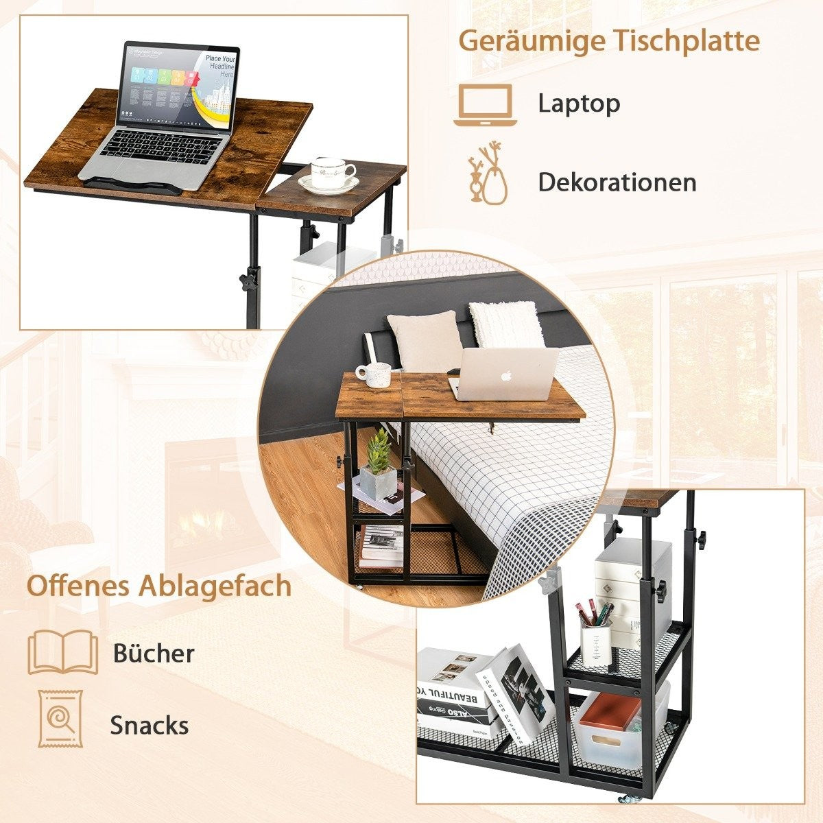 Laptop table with height and tilt adjustable 3 levels side table vintage