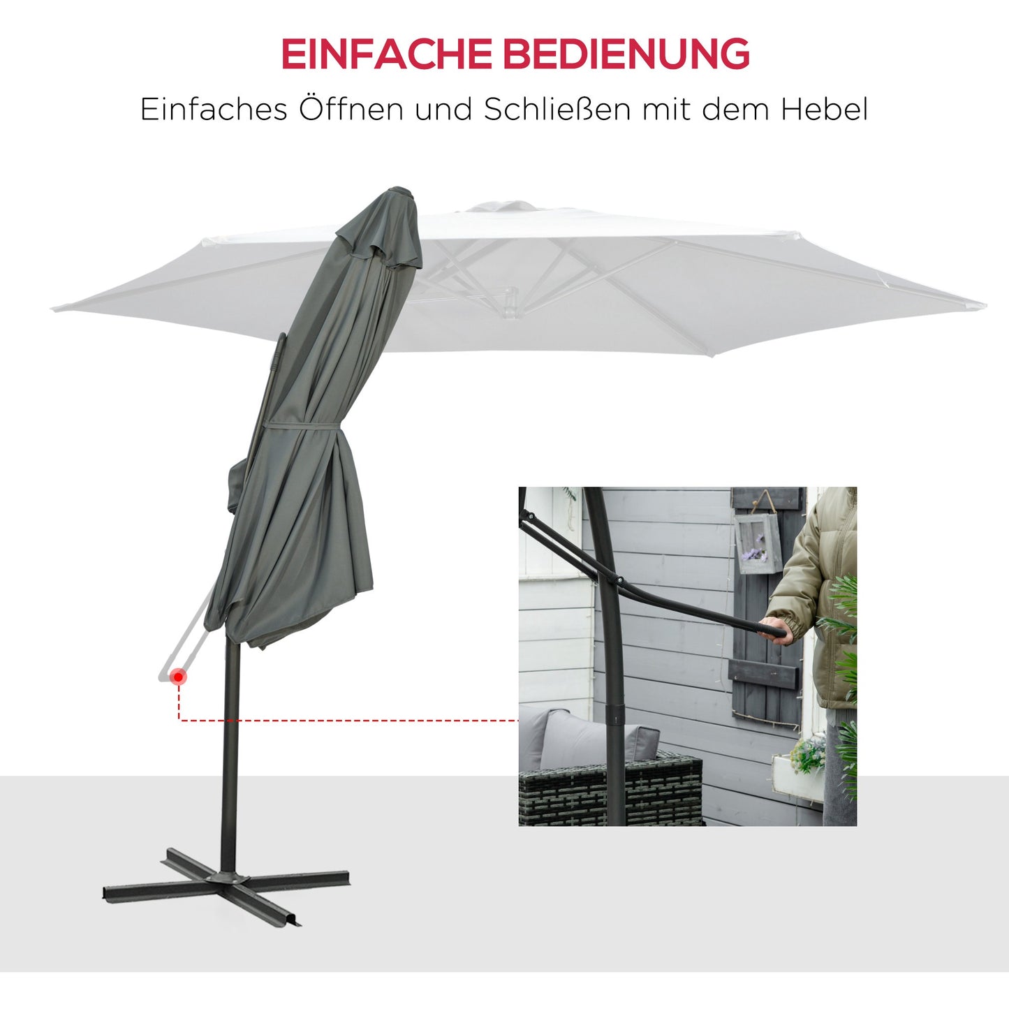 Large Dark Grey Patio Umbrella with Stand, Metal Frame