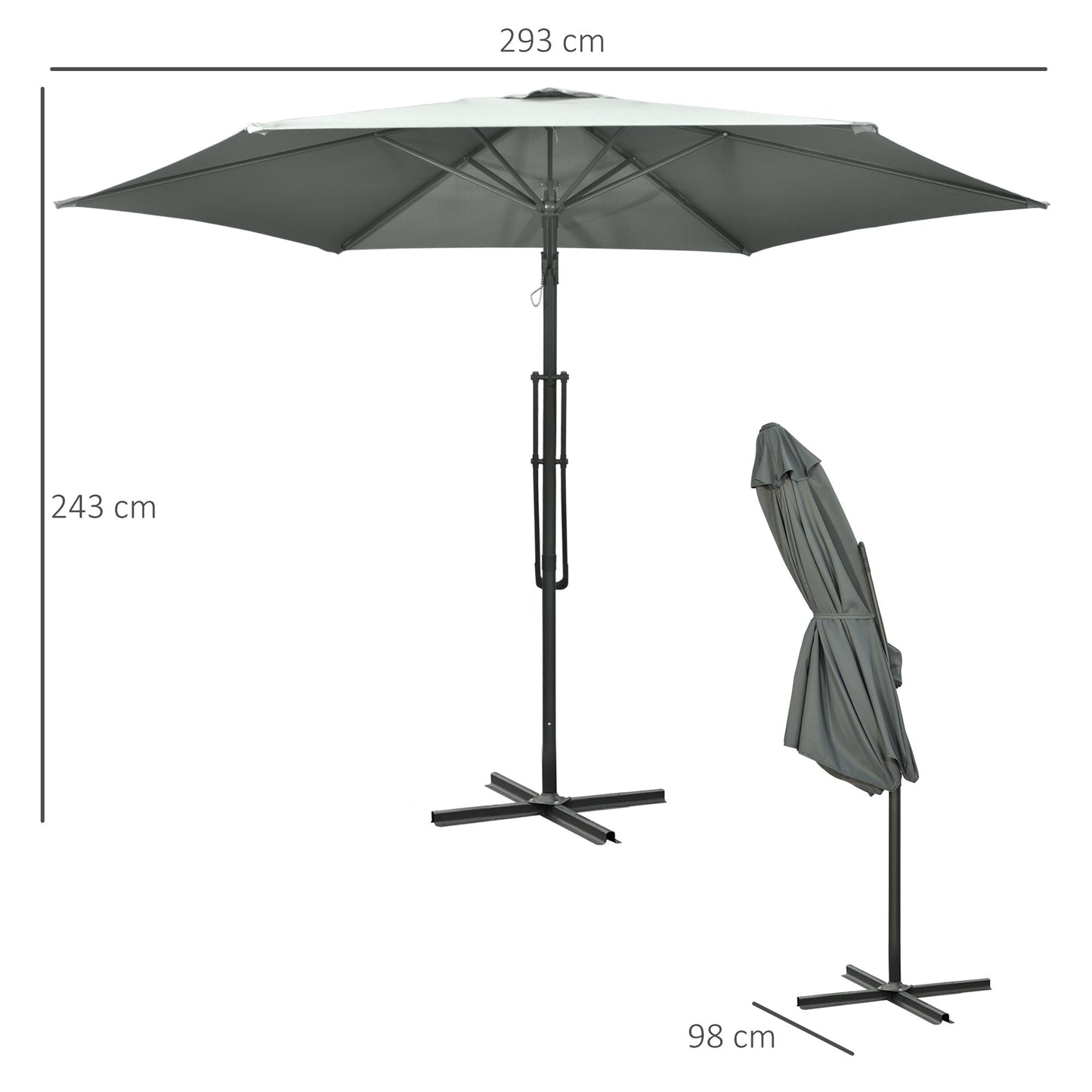 Large Dark Grey Patio Umbrella with Stand, Metal Frame