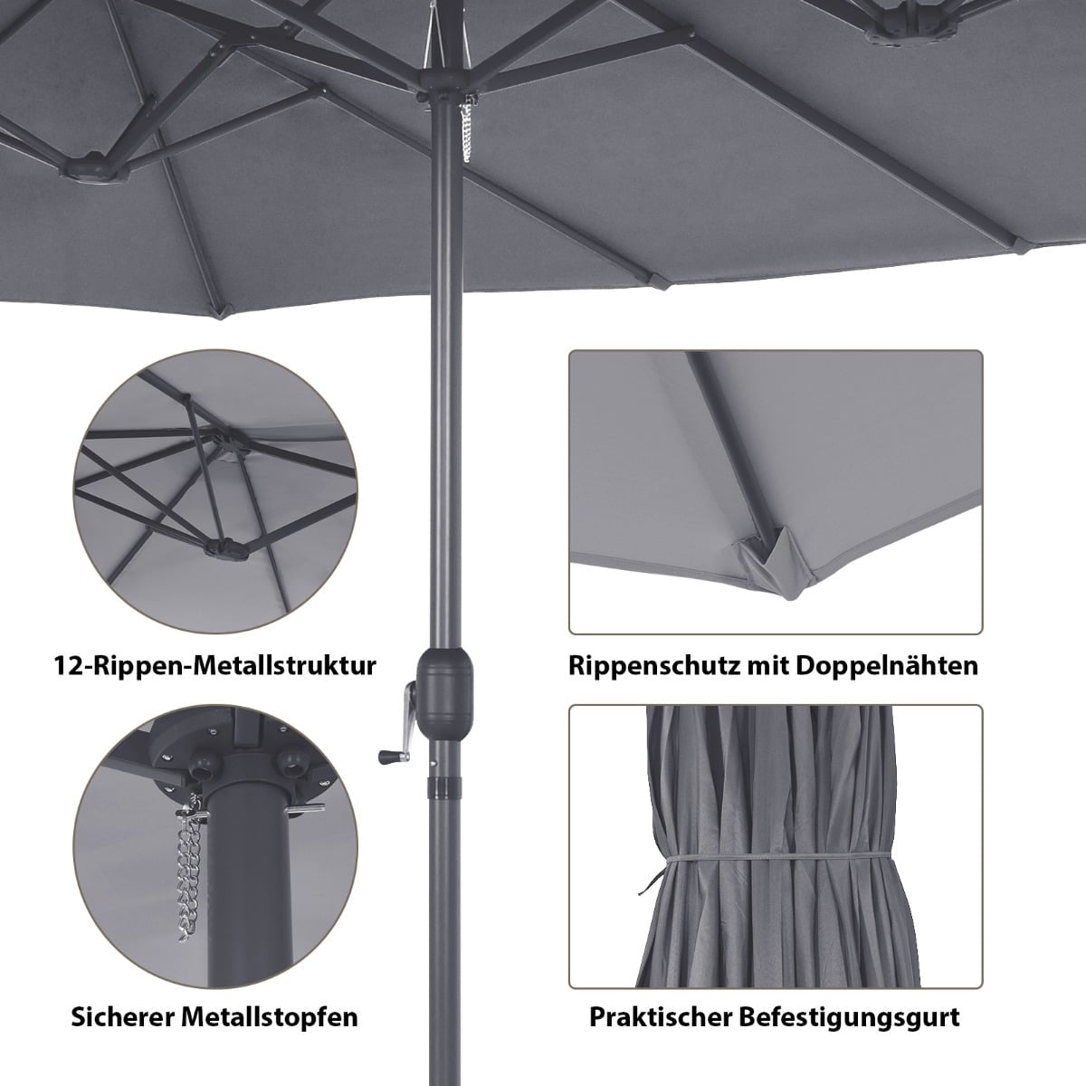 Large Double Umbrella with Crank, Dark Grey, 2.7m x 4.6m