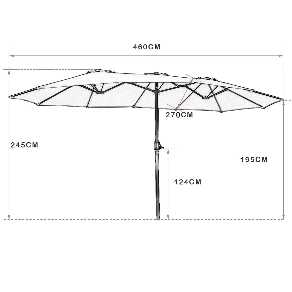 Large Double Umbrella with Crank, UV Protection, Brown
