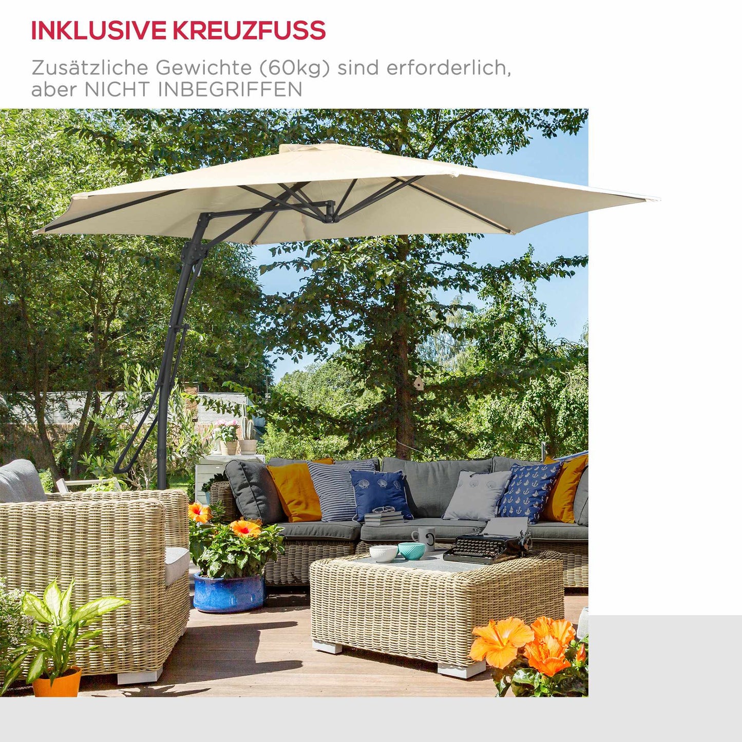 Large Garden Parasol with Stand, Cream, UV30+ Polyester