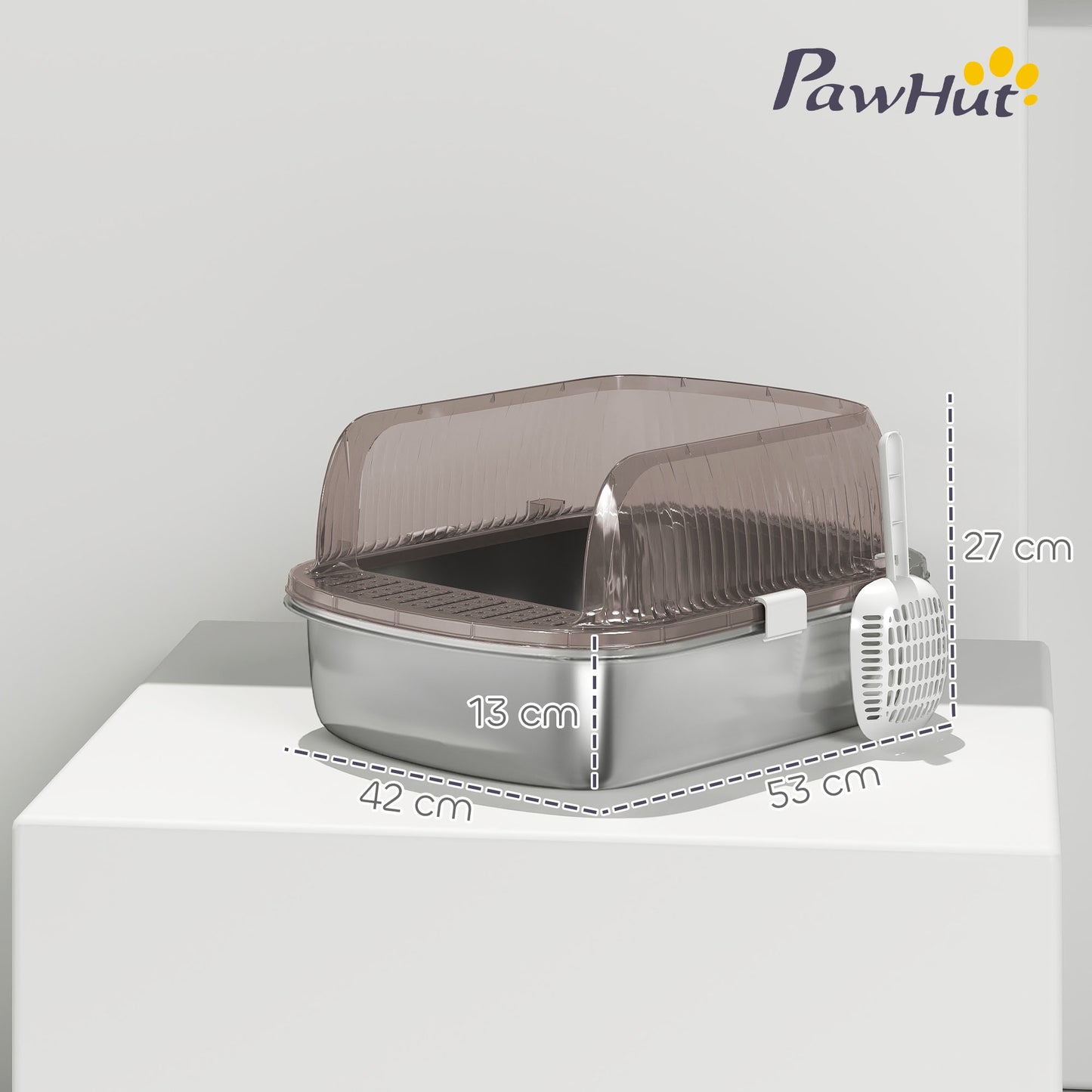Large Stainless Steel Cat Litter Box with Scoop, 53x42x27cm