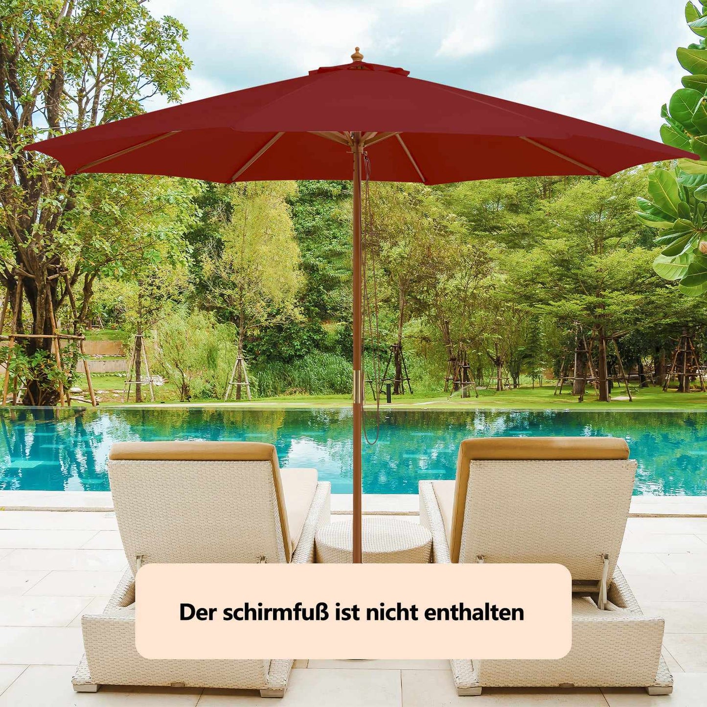 Large Wooden Patio Umbrella, 300cm, Red, Bamboo Ribs
