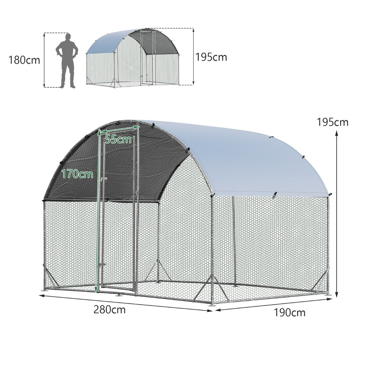 Large galvanized metal chicken coop with waterproof cover for outdoor use 190 x 280 cm