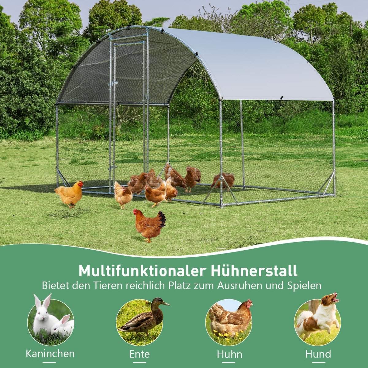 Large galvanized metal chicken coop with waterproof cover for outdoor use 190 x 280 cm
