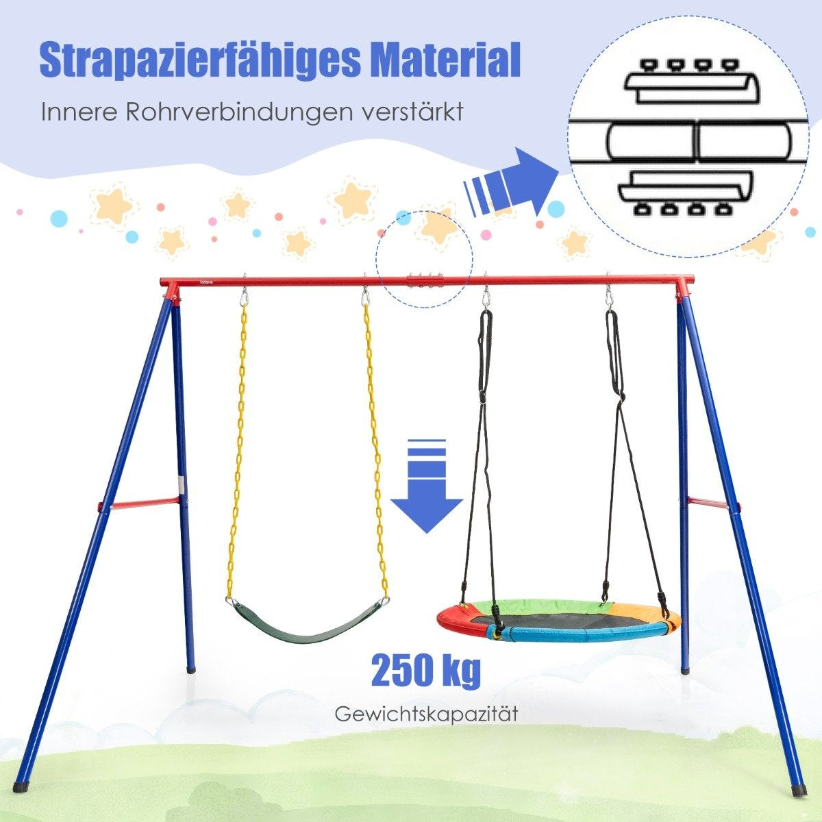 Large metal swing stand with sturdy A-frame ground anchor, non-slip & foot cap