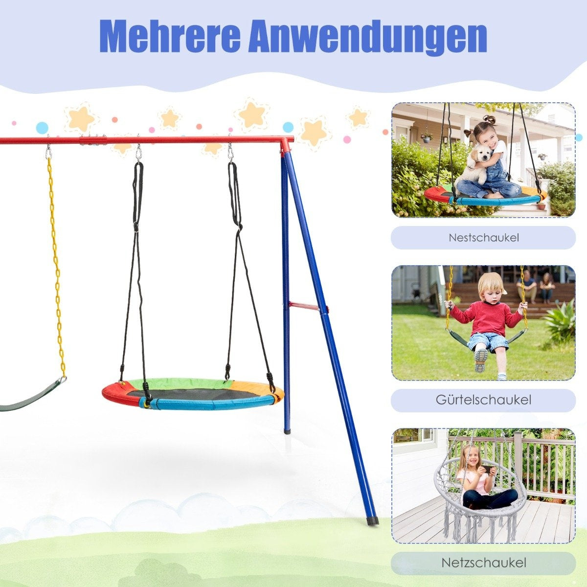 Large metal swing stand with sturdy A-frame ground anchor, non-slip & foot cap