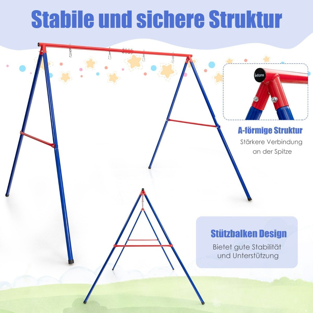 Large metal swing stand with sturdy A-frame ground anchor, non-slip & foot cap