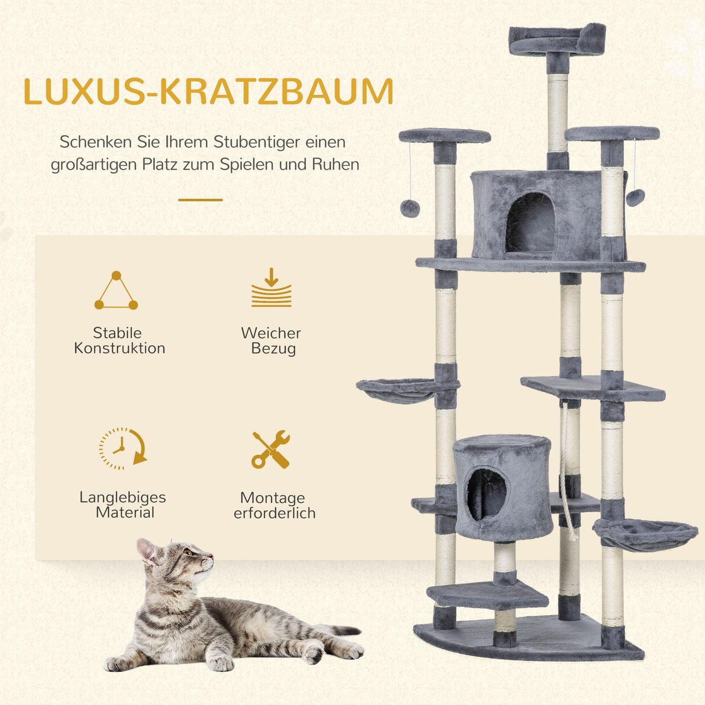 Large cat tree with hammocks and caves, 200cm, light grey