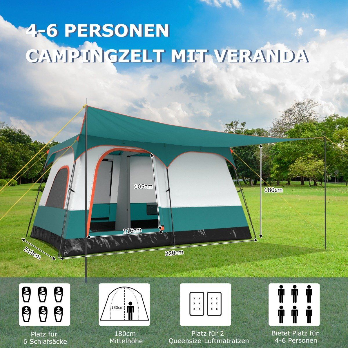 Large tent with awning &amp; floor &amp; 2 rooms &amp; 2 entrances &amp; carrying bag camping tent family tent S