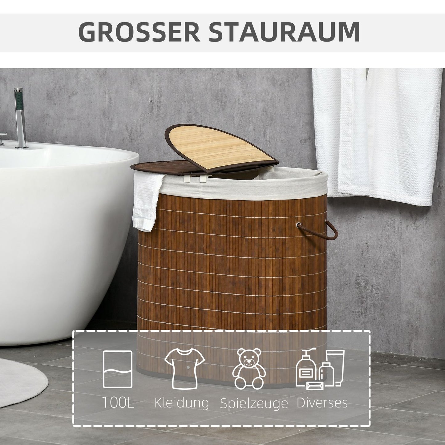 Bamboo laundry basket with lid - 100L, 2 bags included