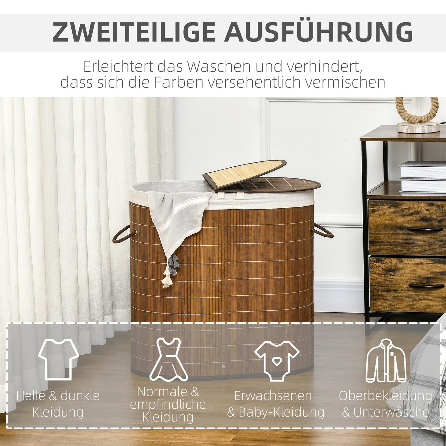 Bamboo laundry basket with lid - 100L, 2 bags included
