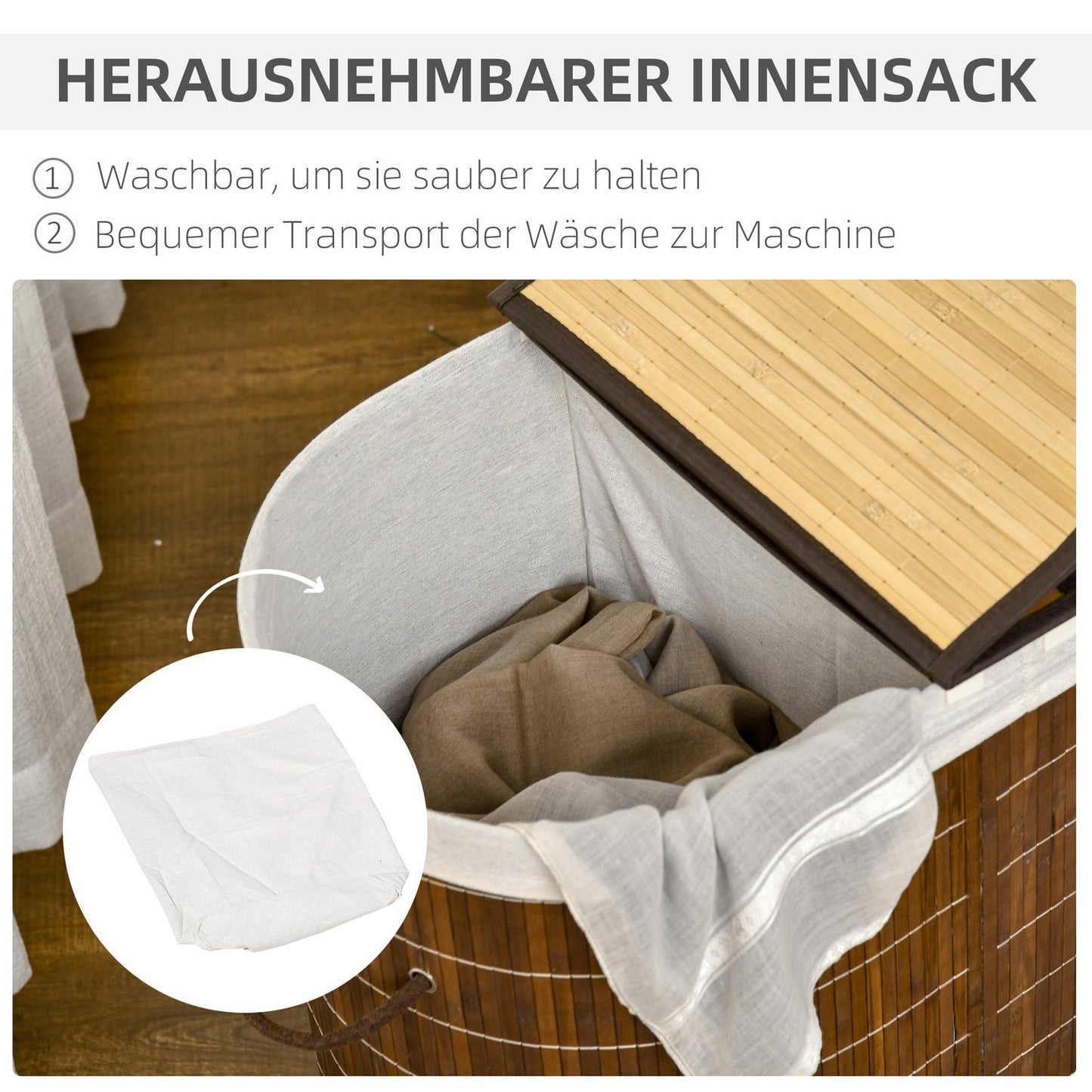 Bamboo laundry basket with lid - 100L, 2 bags included