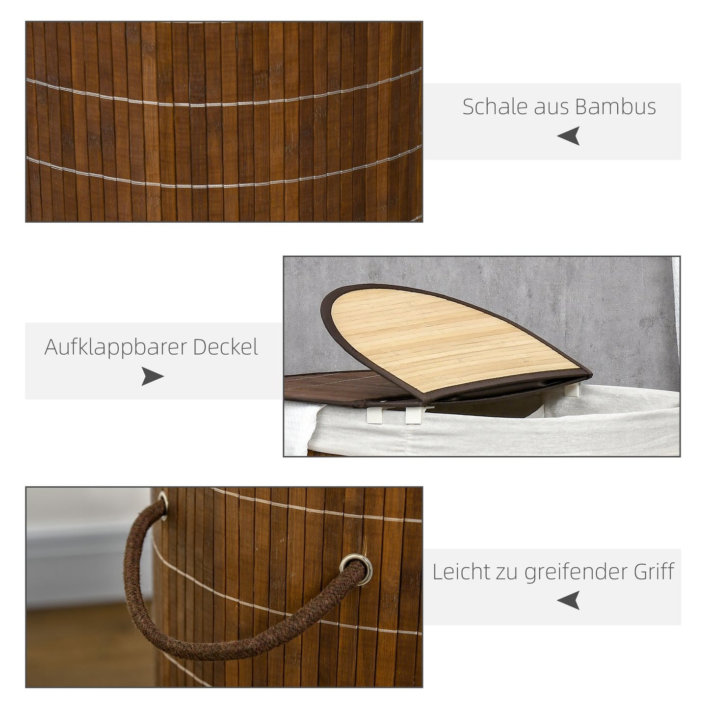 Bamboo laundry basket with lid - 100L, 2 bags included