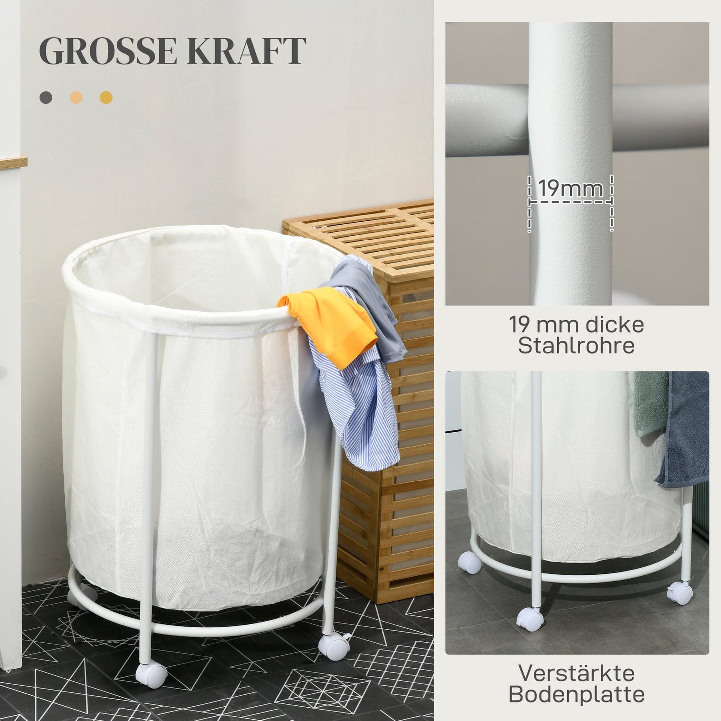 Laundry basket with wheels, 100L steel frame, removable bag