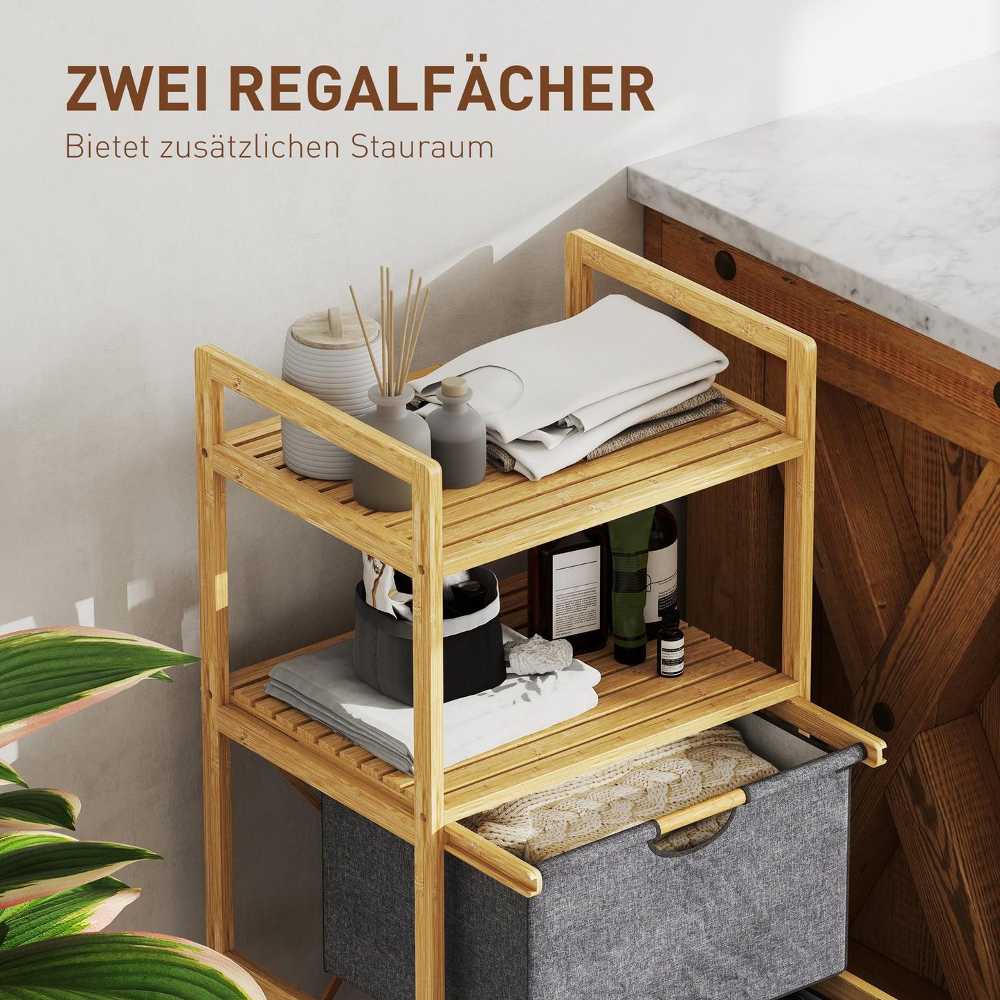 Bamboo laundry basket with 2 fabric baskets, 35.4 L, natural
