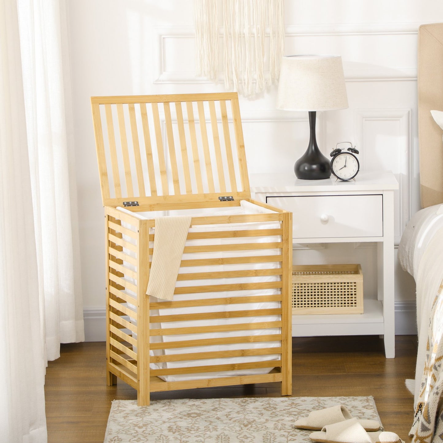 Bamboo laundry basket 55L with lid & removable bag