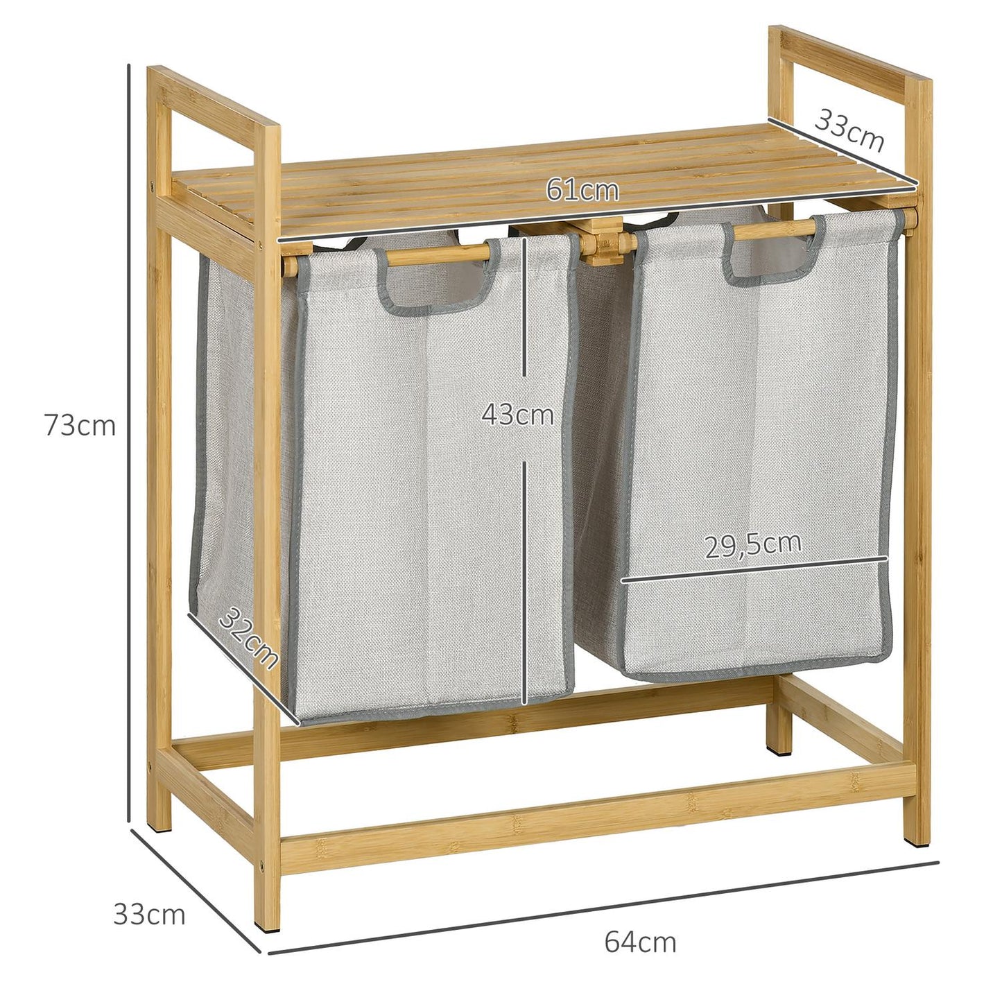 Bamboo laundry basket, 81.2L with 2 removable bags