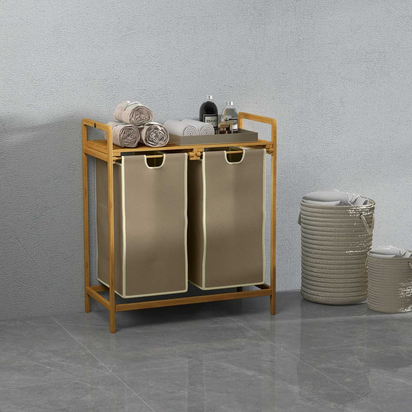 Bamboo laundry basket, cream, 2 removable bags, 63.5x33x73 cm