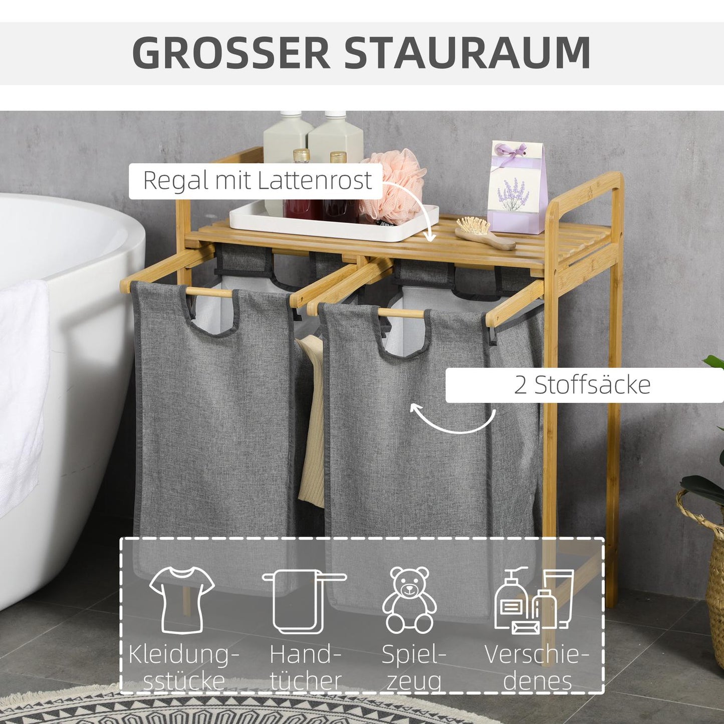 Bamboo laundry basket with removable bags - gray and natural
