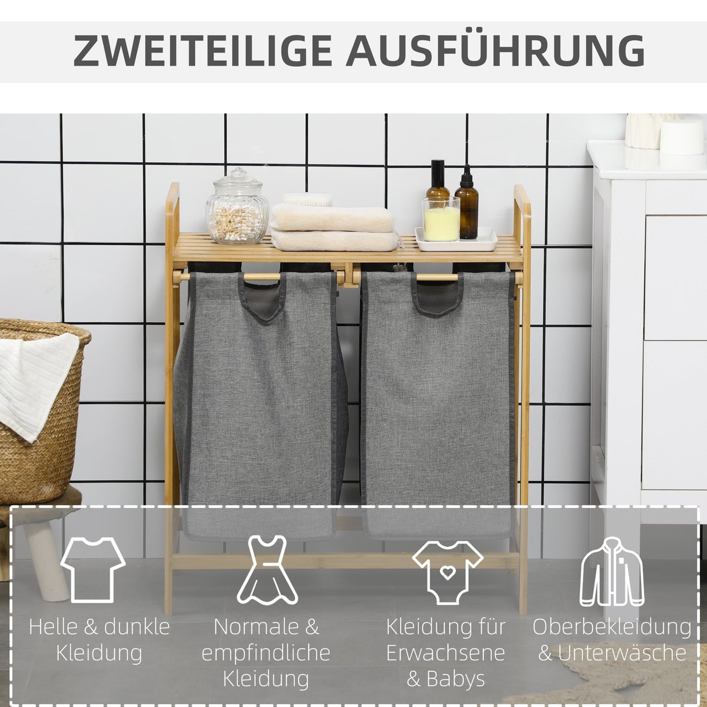 Bamboo laundry basket with removable bags - gray and natural