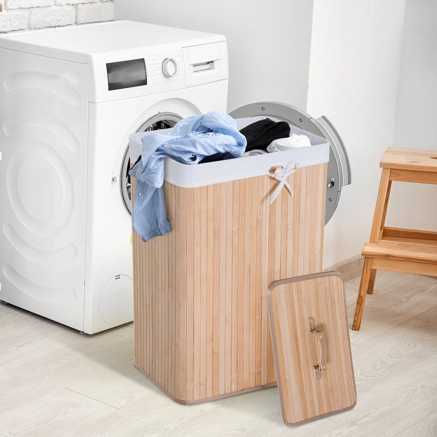 Bamboo collapsible laundry basket 72L - Canvas bag with lid