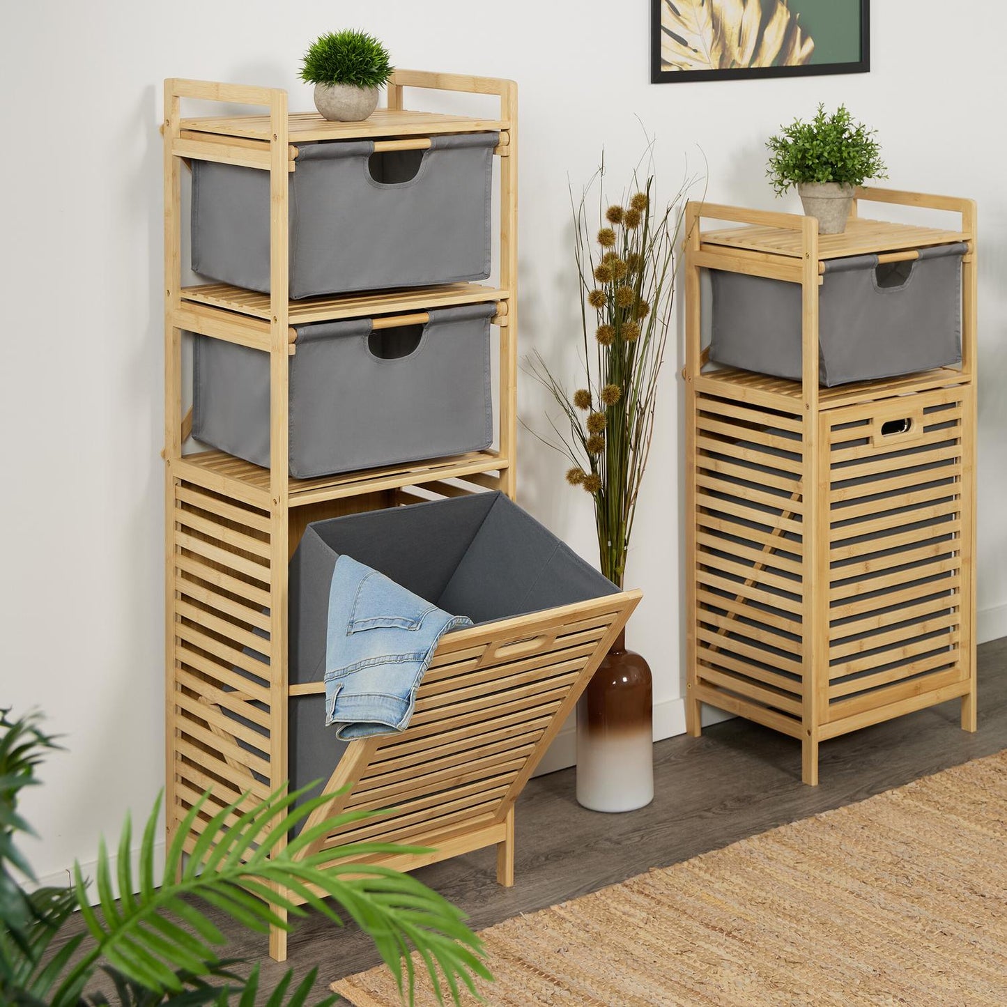 Laundry Basket Rack with 2 Drawers, Bamboo Shelf