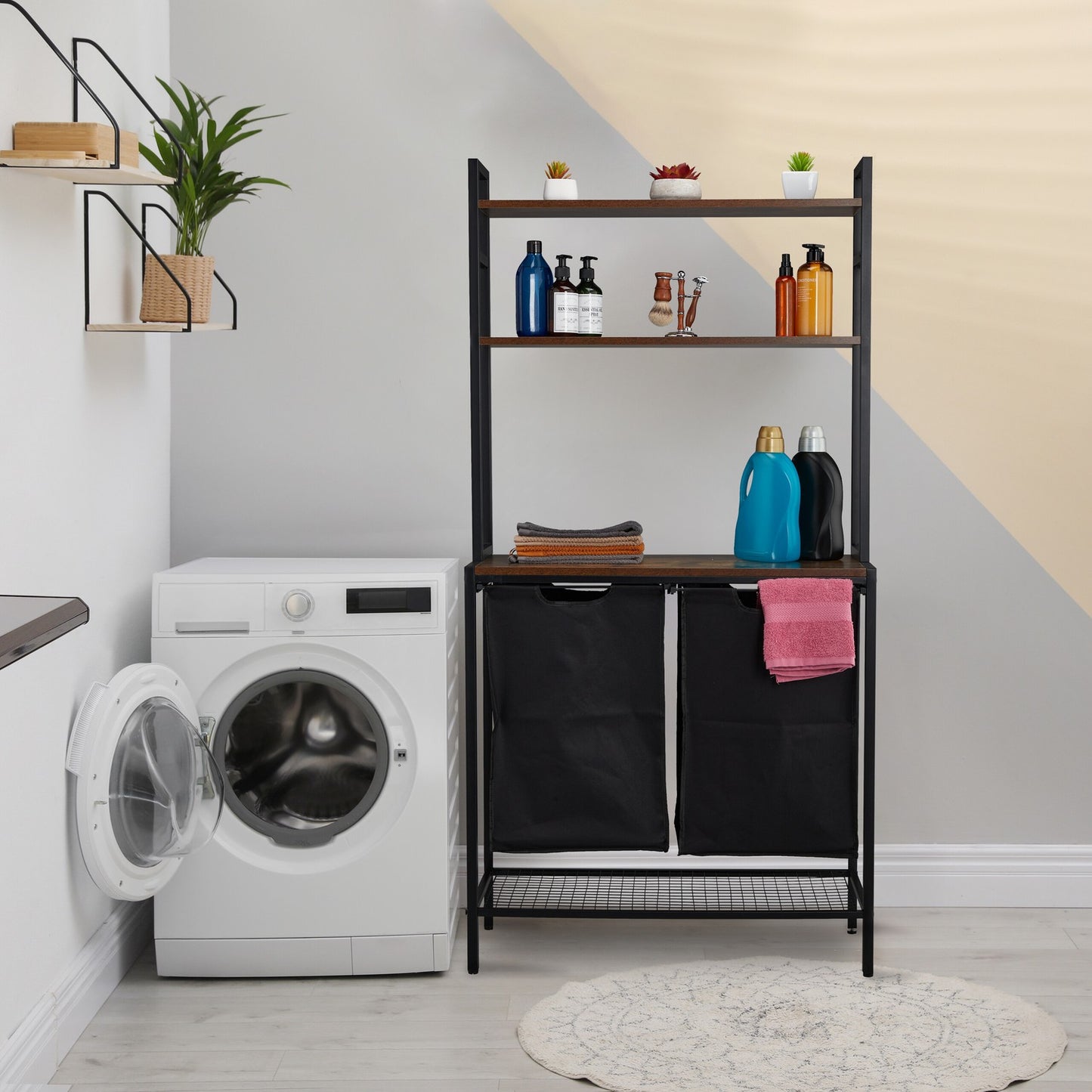 Laundry Basket Rack with Pull-Out Bins and Shelves