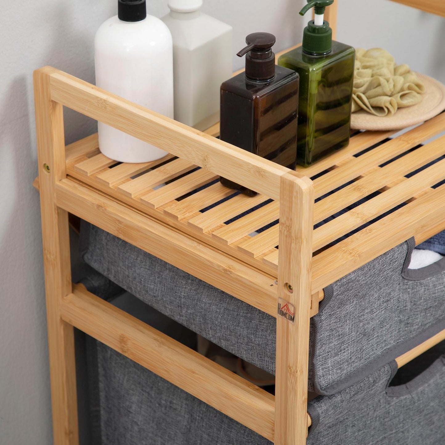 Bamboo laundry basket with wheels, double fabric bags, 42X35X84.5 cm