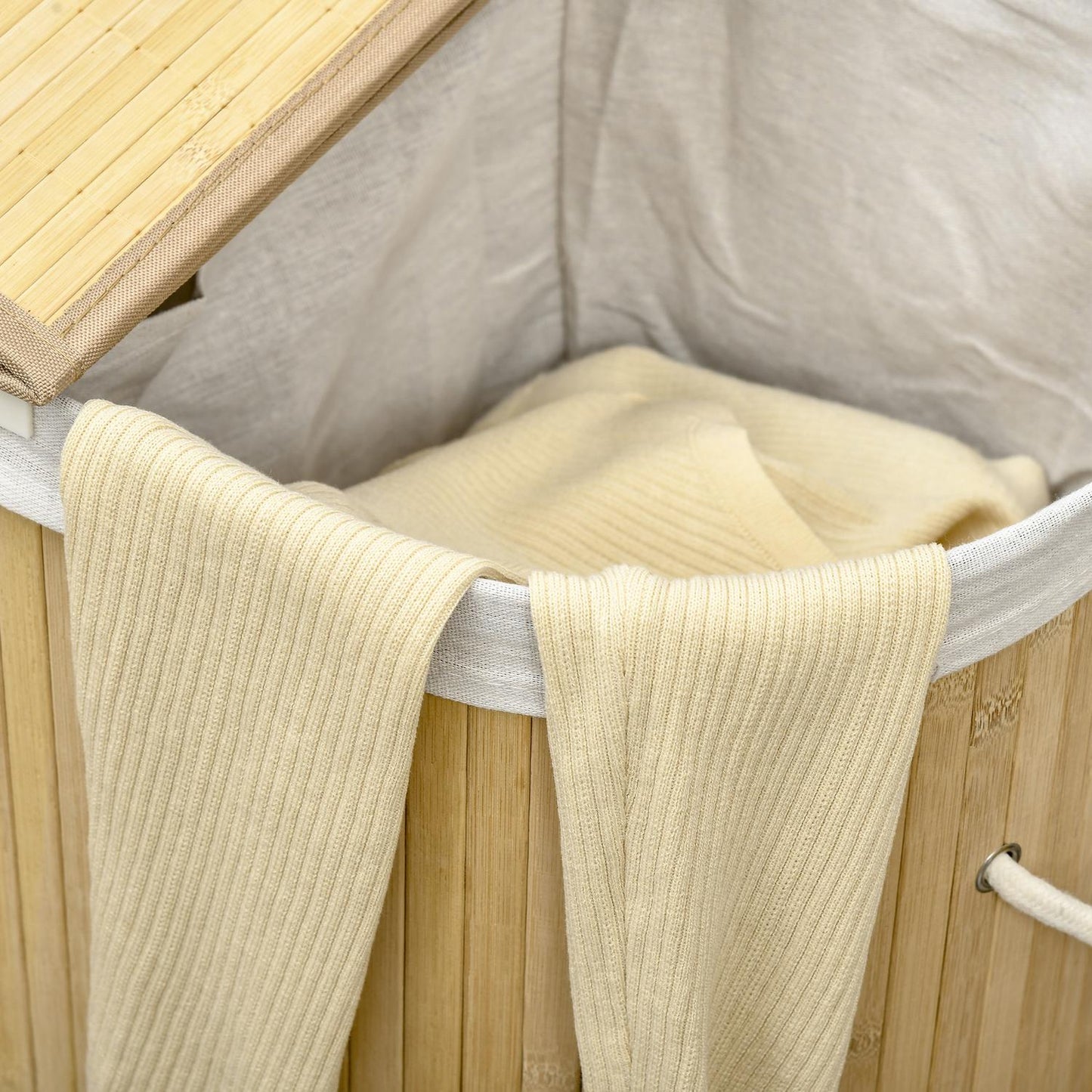 Bamboo laundry basket with lid, double compartments