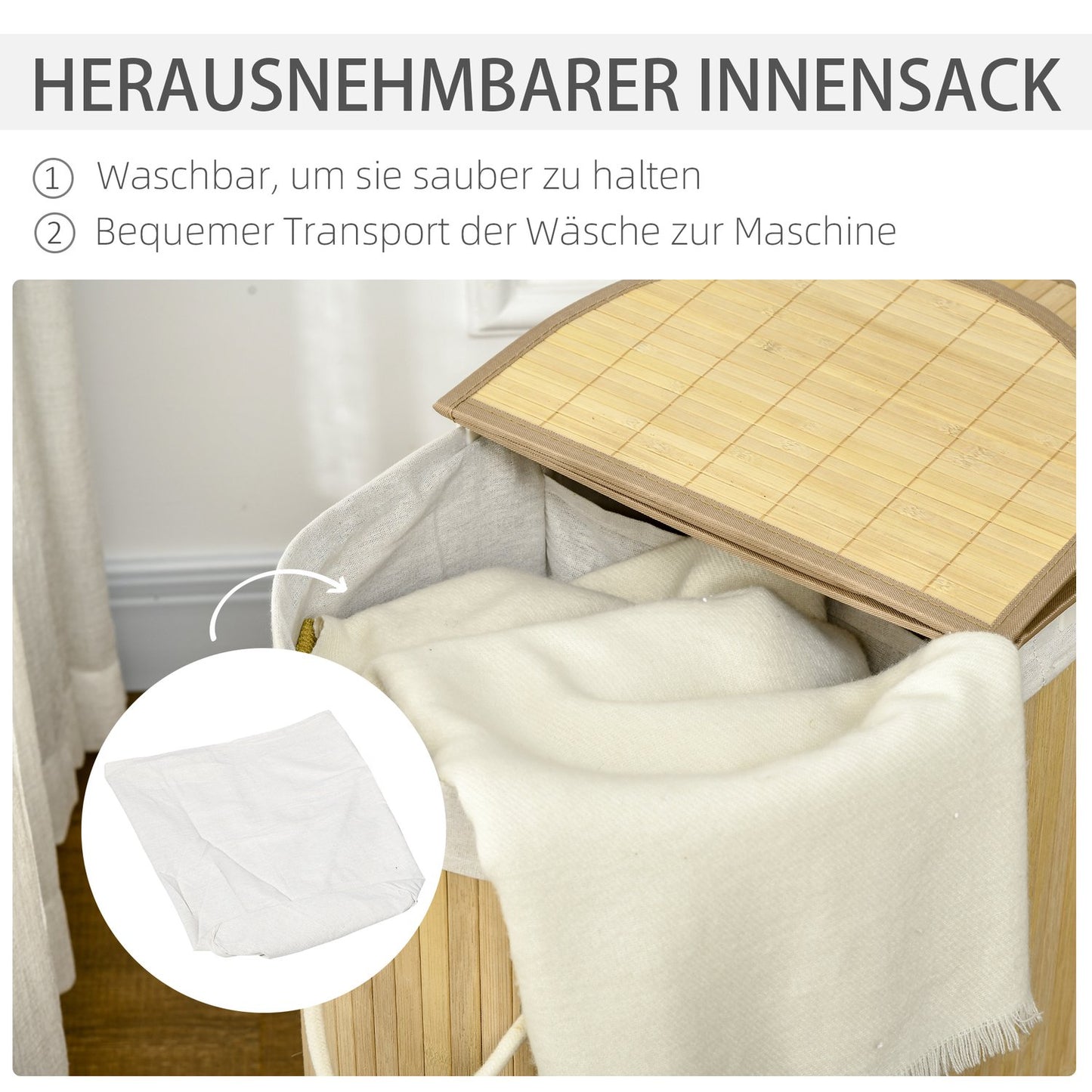 Bamboo laundry basket with lid, double compartments