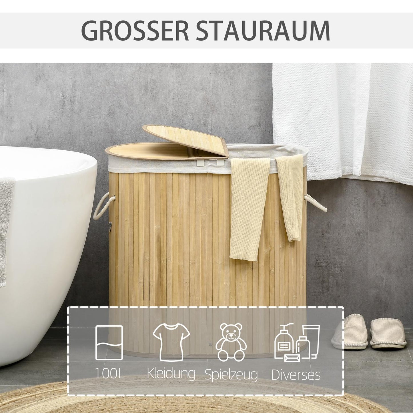 Bamboo laundry basket with lid, double compartments