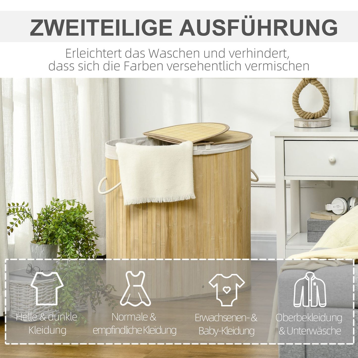 Bamboo laundry basket with lid, double compartments