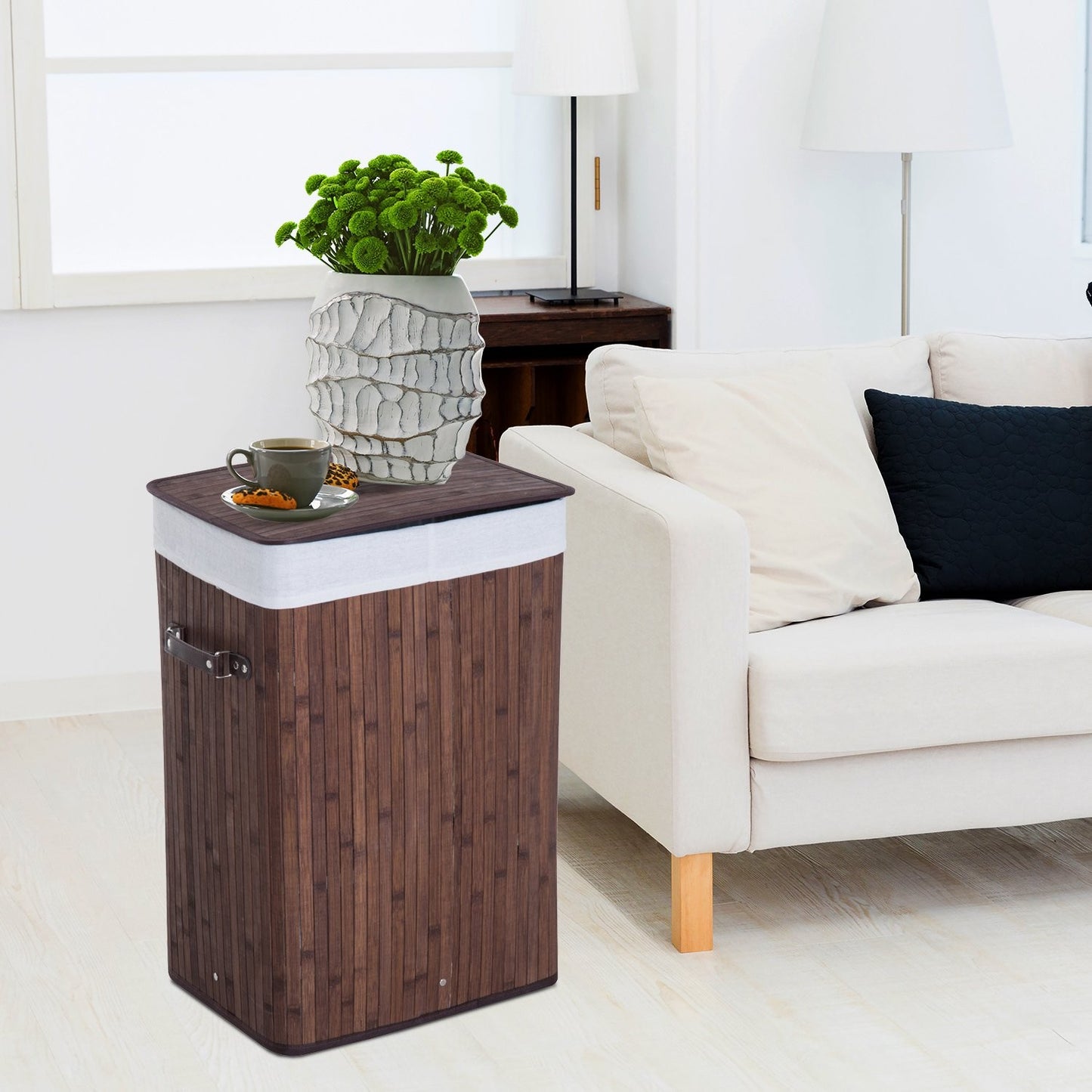 Bamboo laundry basket with lid, 72L, foldable & washable