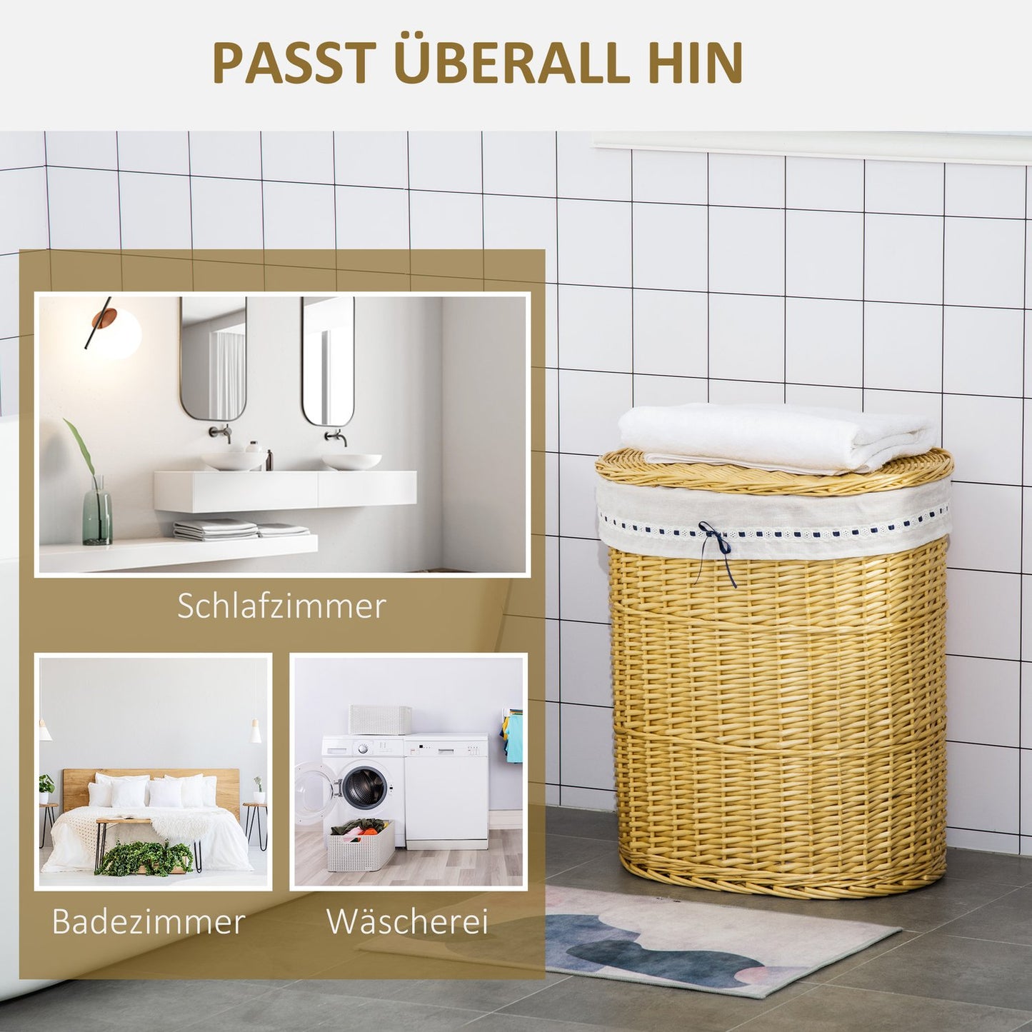 Wicker laundry basket with lid, 100L capacity, natural