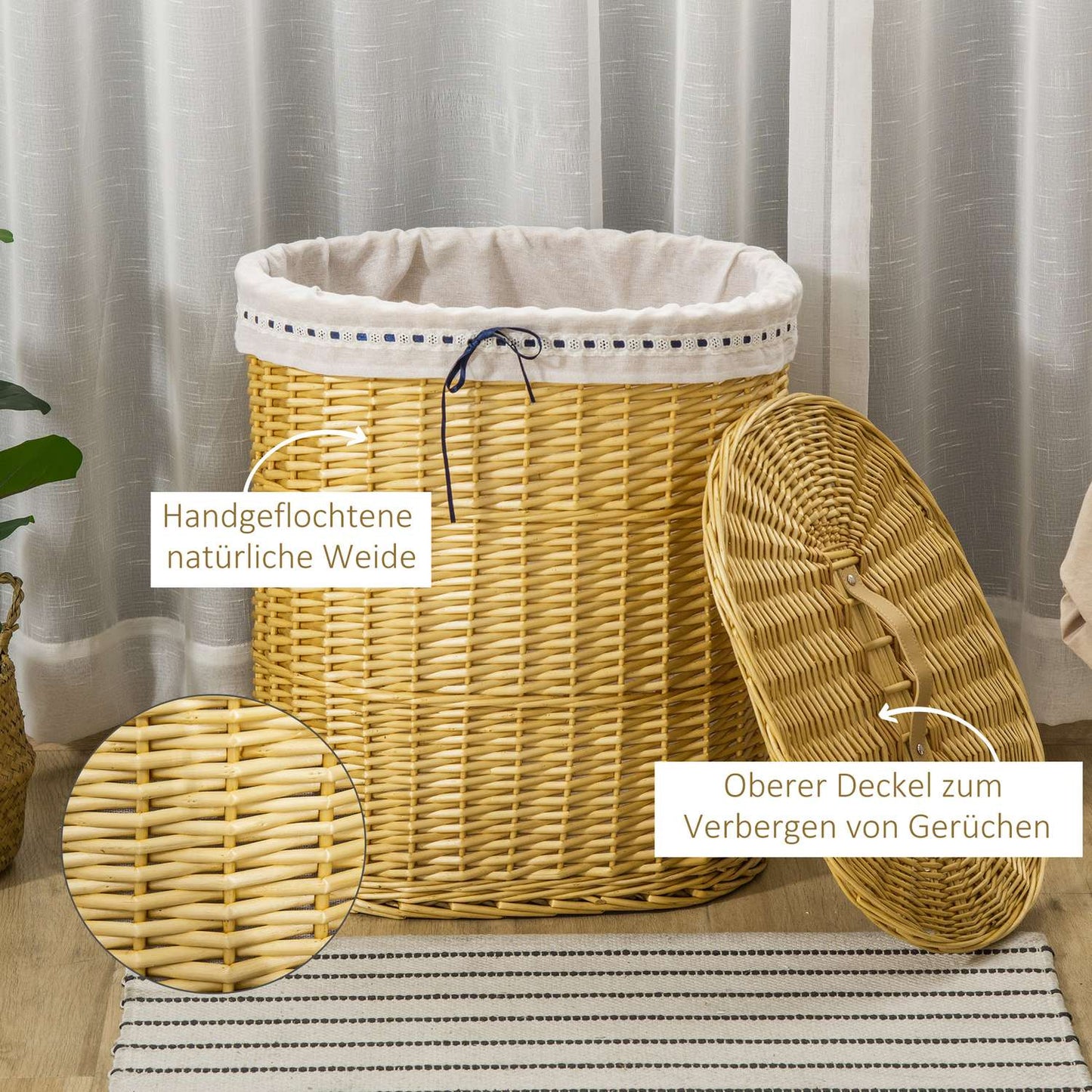 Wicker laundry basket with lid, 100L capacity, natural