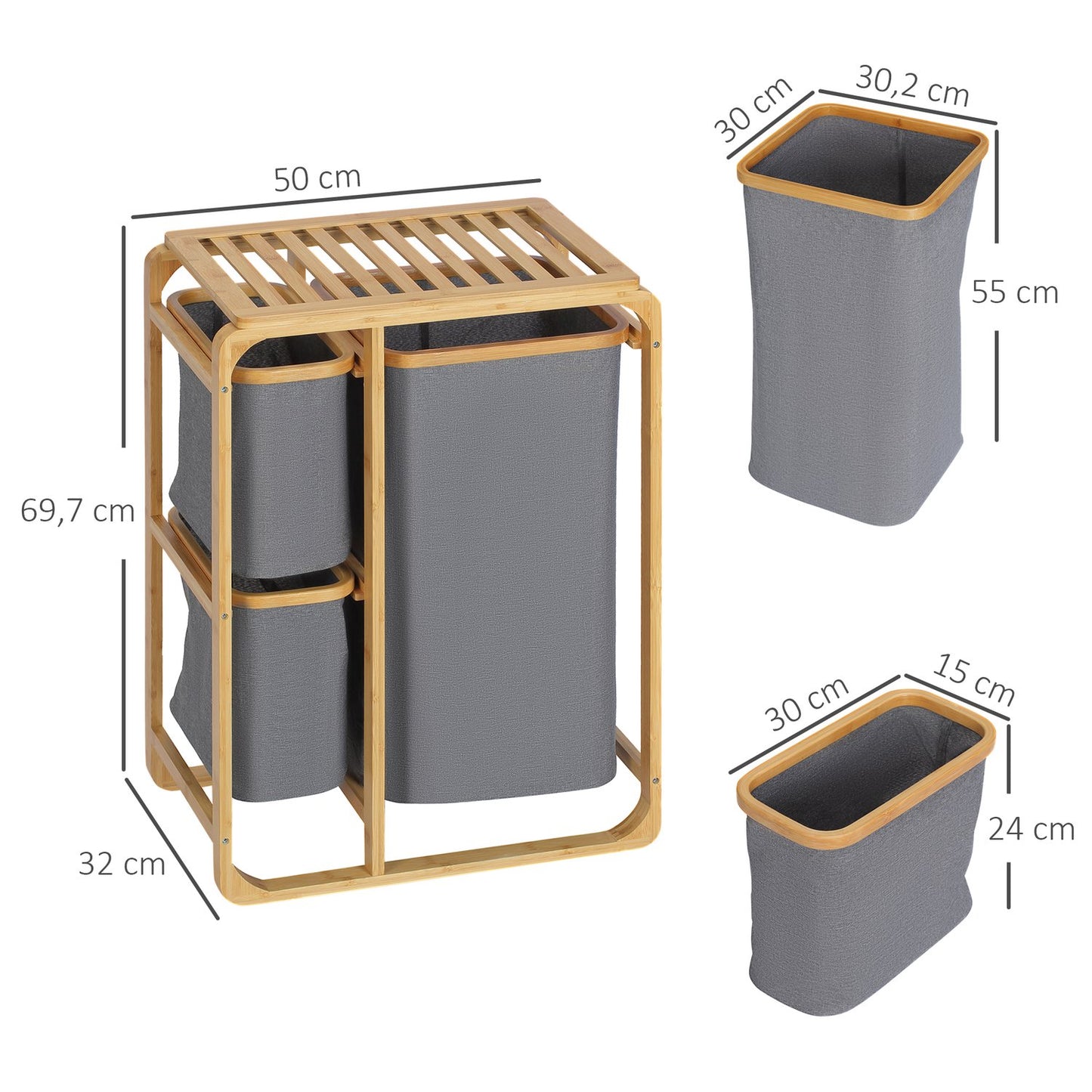 Bamboo laundry sorter with 3 removable bags, grey/natural