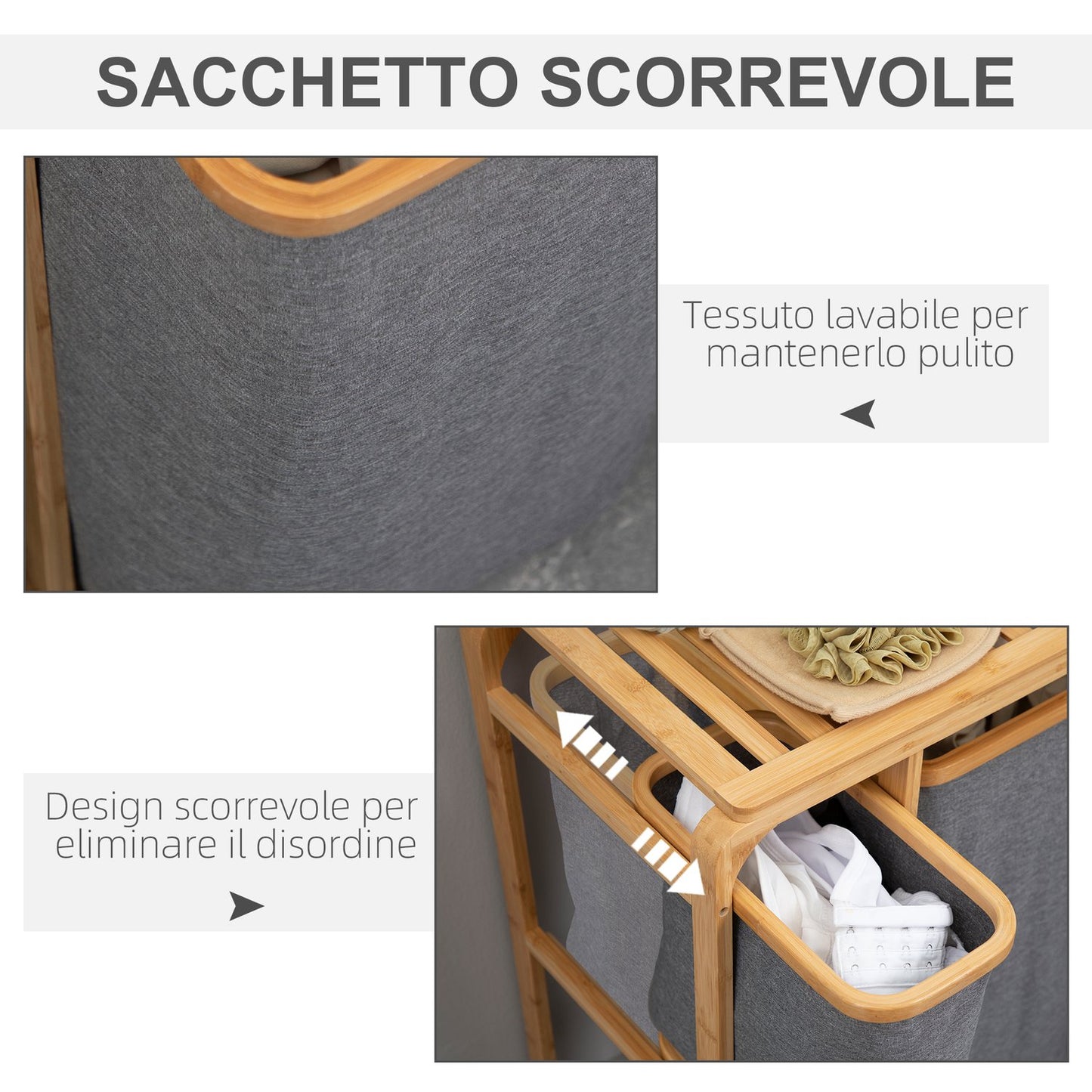 Bamboo laundry sorter with 3 removable bags, grey/natural