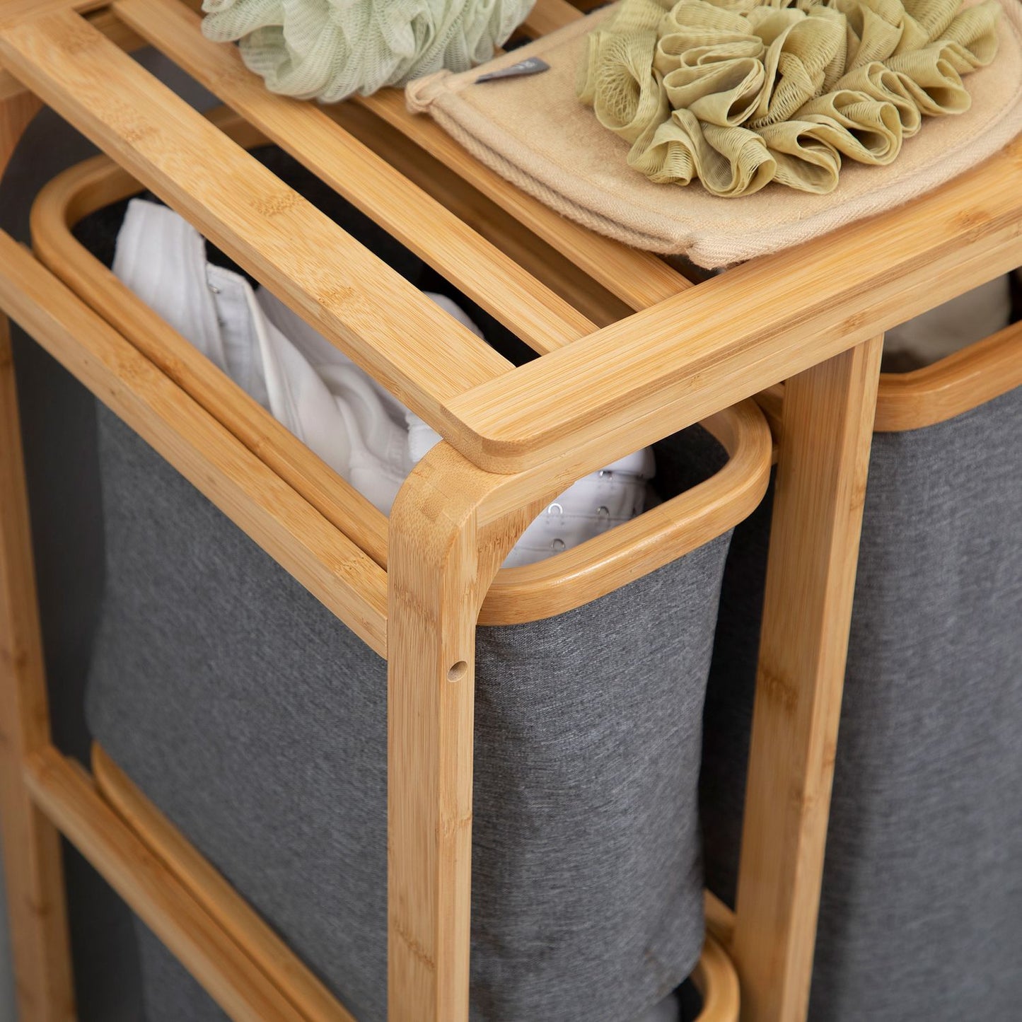 Bamboo laundry sorter with 3 removable bags, grey/natural