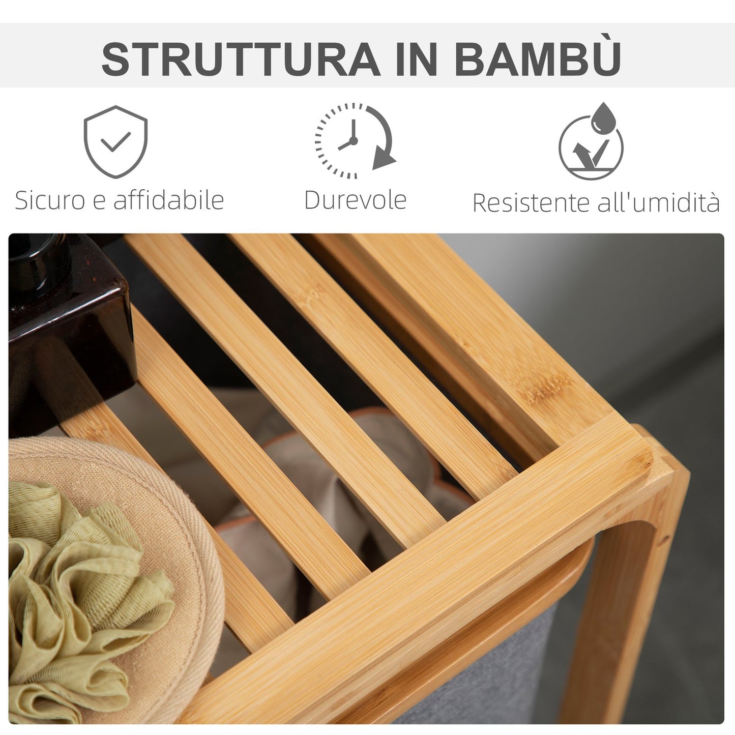 Bamboo laundry sorter with 3 removable bags, grey/natural