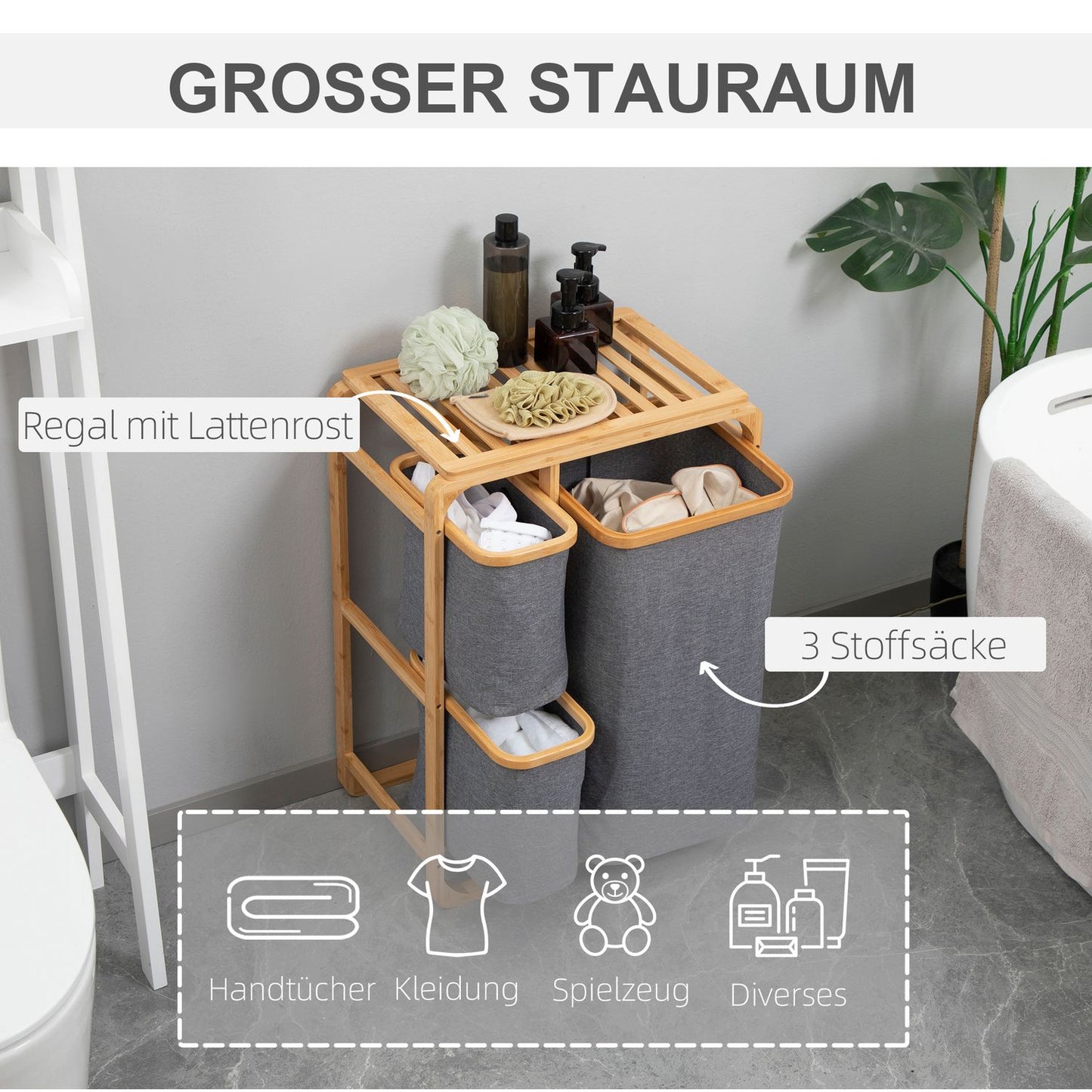 Bamboo laundry sorter with 3 removable bags, grey/natural