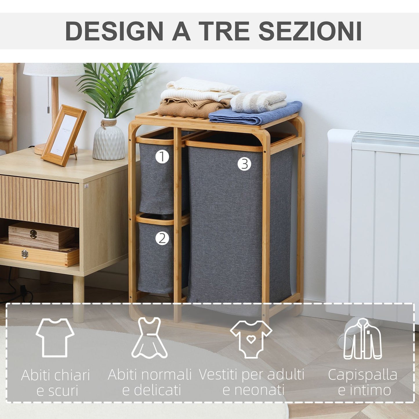 Bamboo laundry sorter with 3 removable bags, grey/natural