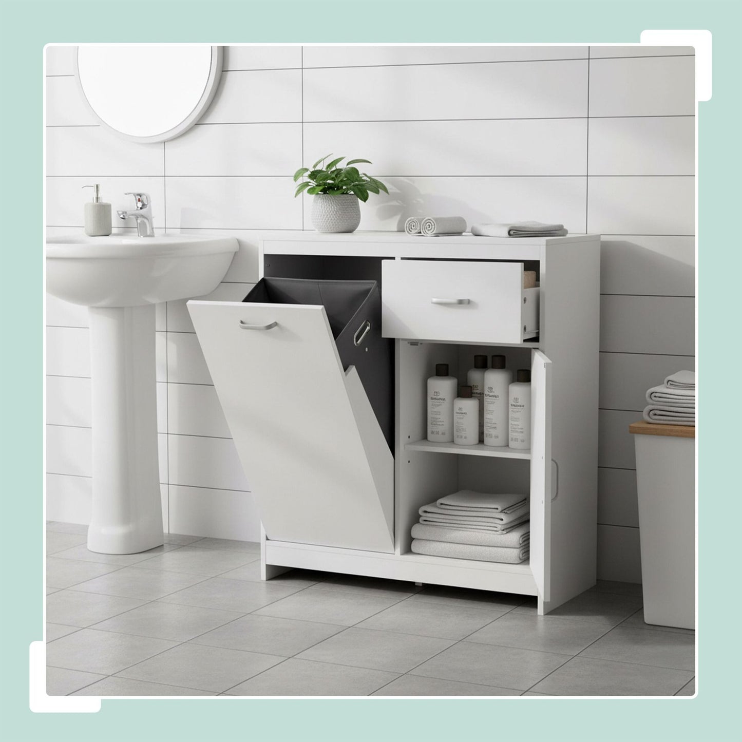 Laundry Cabinet with 48L Bag and Storage Compartments