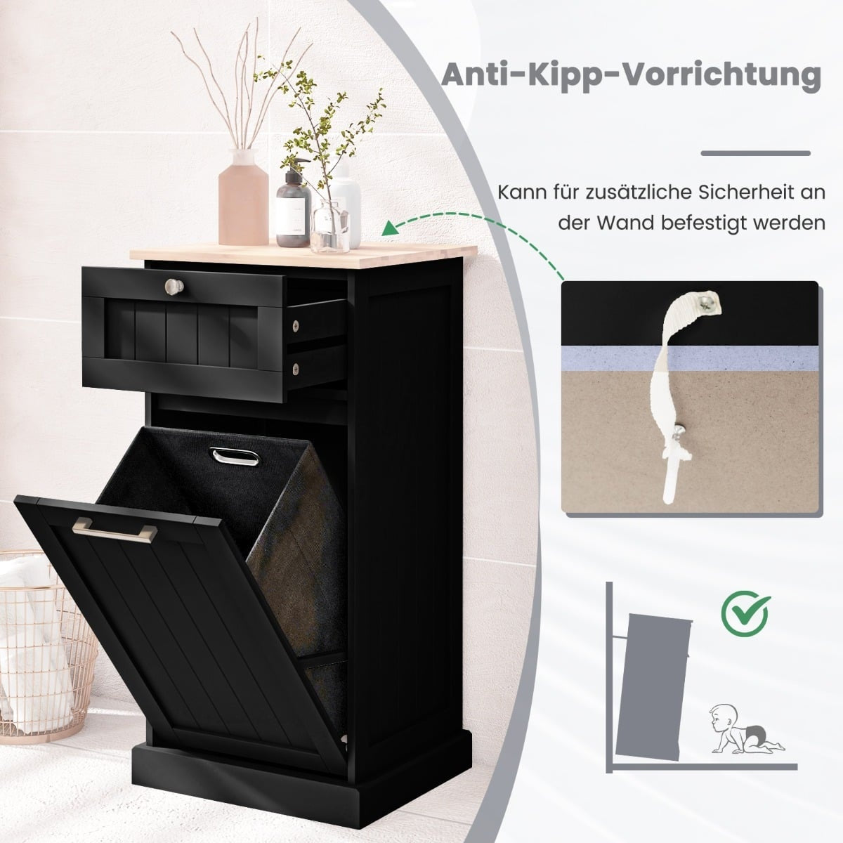 Laundry Cabinet with Drawer & Bamboo Top – Black, 38L Basket