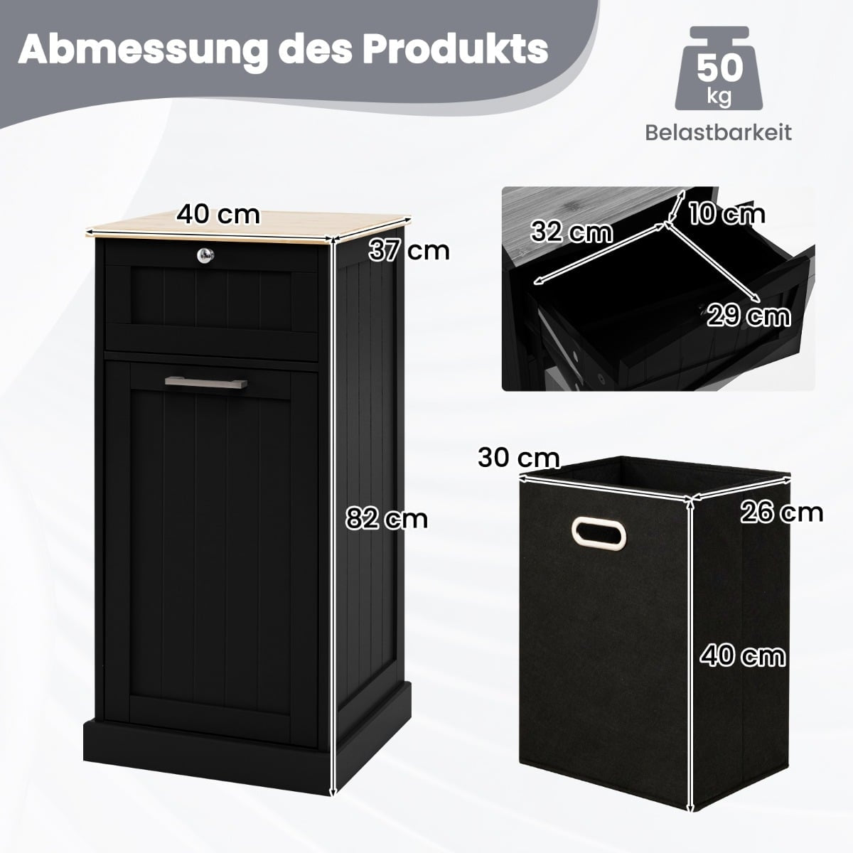 Laundry Cabinet with Drawer & Bamboo Top – Black, 38L Basket