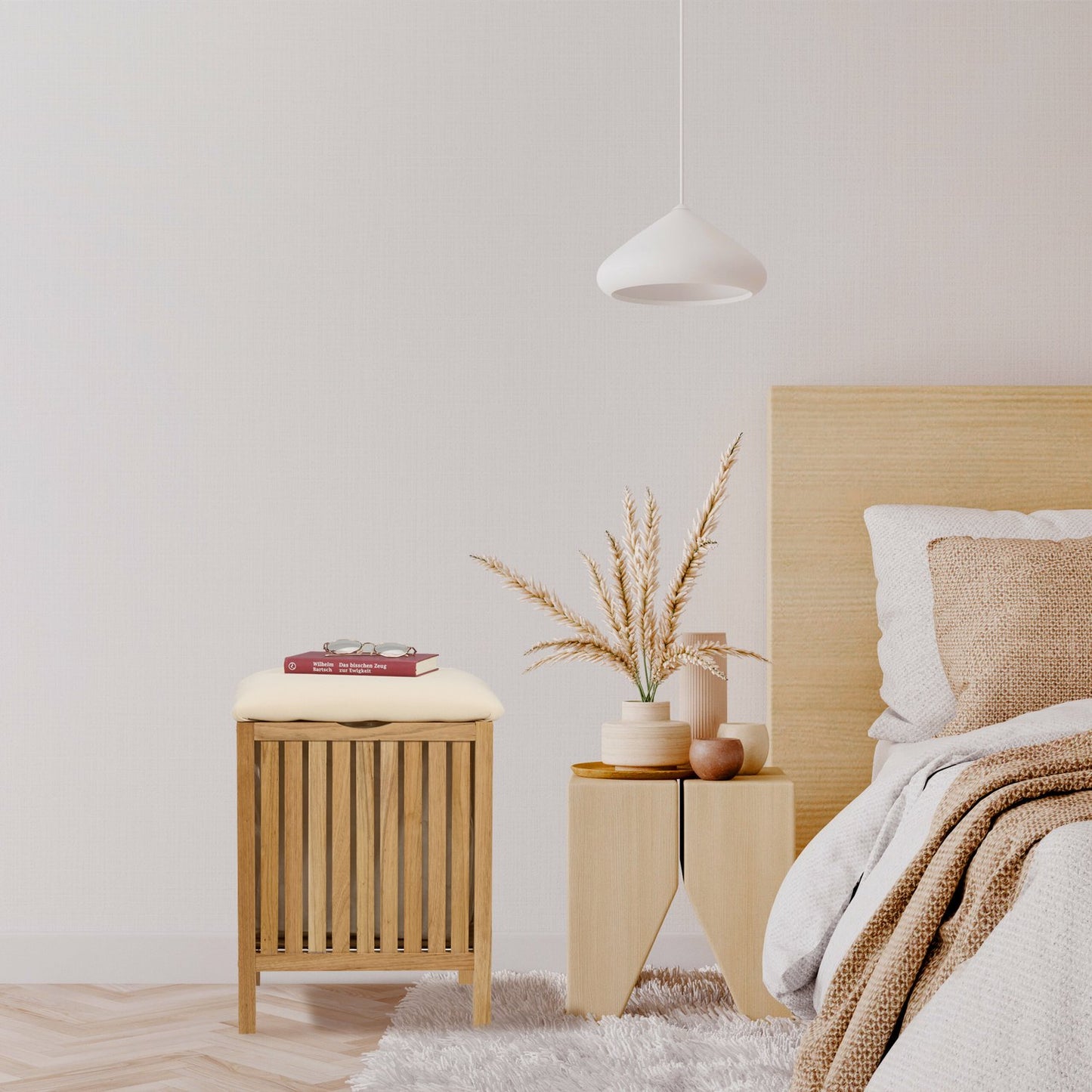 Laundry Hamper Stool with Cushion Seat, Walnut Wood